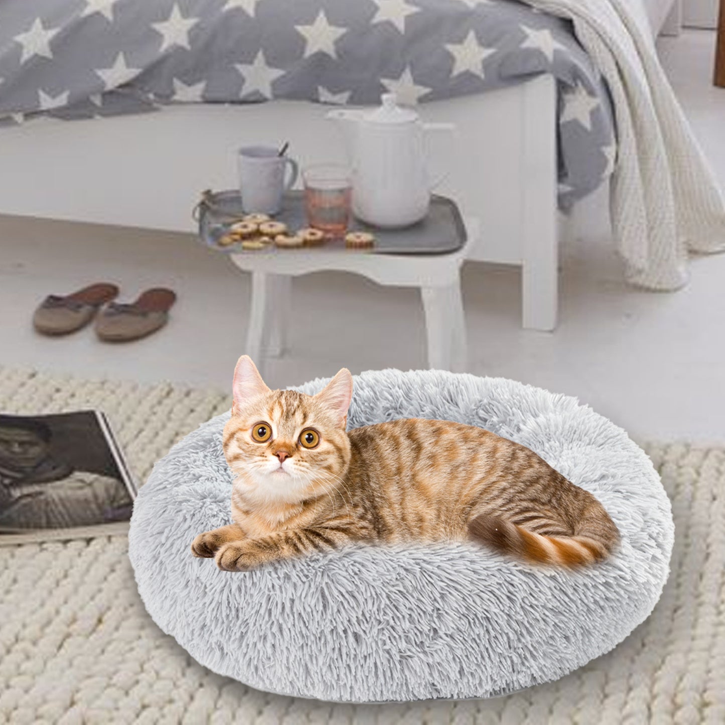 Fluffy Donut Pet Bed – Calming Plush & Washable Cushion